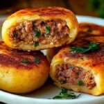 Papas rellenas con carne molida doradas y servidas con ensalada fresca