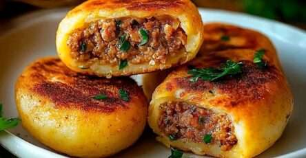 Papas rellenas con carne molida doradas y servidas con ensalada fresca