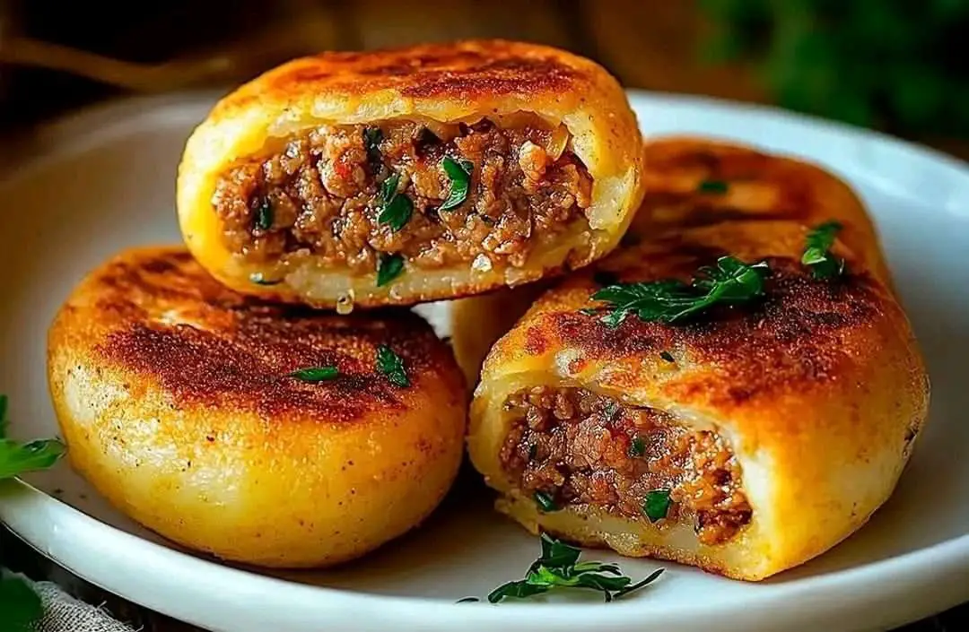 Papas rellenas con carne molida doradas y servidas con ensalada fresca