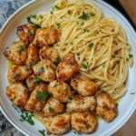 Plato de pollo con mantequilla de ajo y pasta limón parmesano servido con perejil y queso rallado