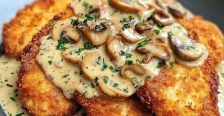 Poulet croustillant nappé de sauce crémeuse aux champignons et parmesan, garni de persil