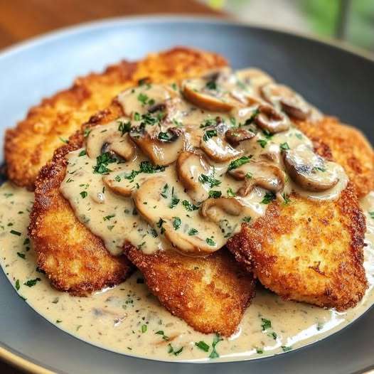 Poulet croustillant nappé de sauce crémeuse aux champignons et parmesan, garni de persil