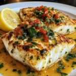 Filete de pescado con salsa cremosa de mostaza y limón, servido con vegetales