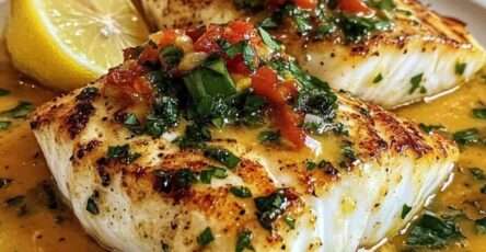 Filete de pescado con salsa cremosa de mostaza y limón, servido con vegetales