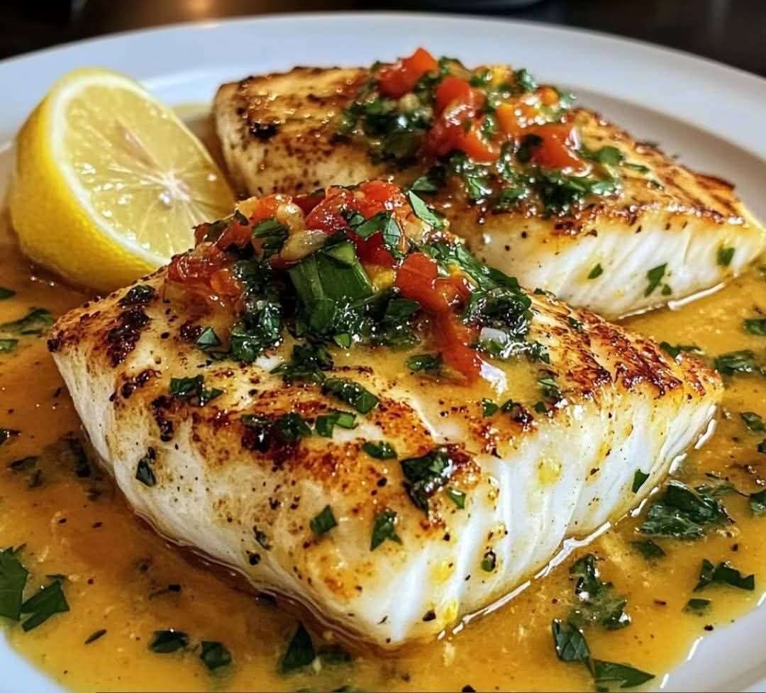 Filete de pescado con salsa cremosa de mostaza y limón, servido con vegetales