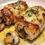 Pollo relleno con champiñones, queso y mantequilla de ajo al horno