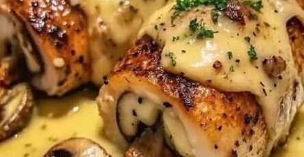 Pollo relleno con champiñones, queso y mantequilla de ajo al horno