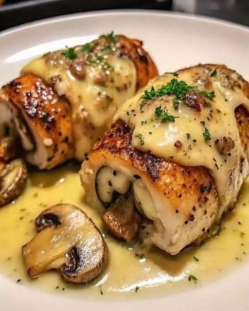 Pollo relleno con champiñones, queso y mantequilla de ajo al horno