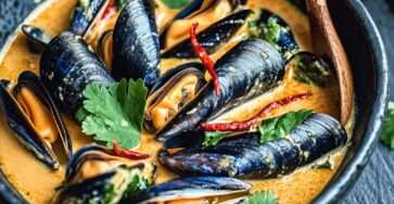 assiette de moules à la crème et curry doux servies avec coriandre fraîche et pain grillé
