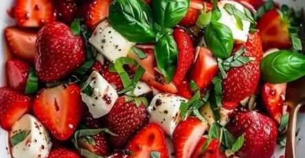 Salade caprese aux fraises, mozzarella et basilic arrosée de vinaigre balsamique