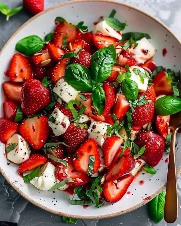 Salade caprese aux fraises, mozzarella et basilic arrosée de vinaigre balsamique