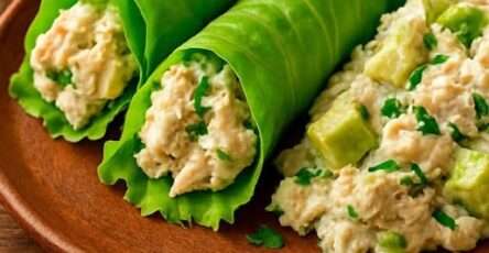 Ensalada de pollo con aguacate en rollitos de lechuga