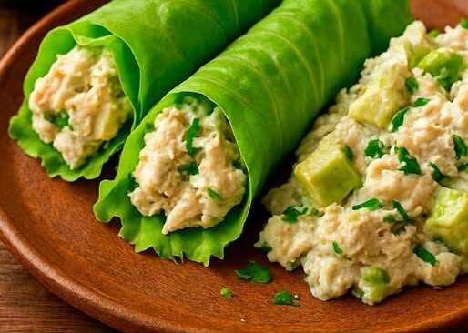 Ensalada de pollo con aguacate en rollitos de lechuga