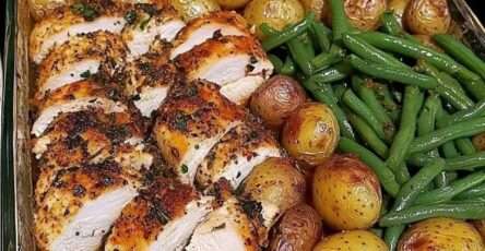 Poulet aux herbes et ail rôti au four avec pommes de terre et haricots verts