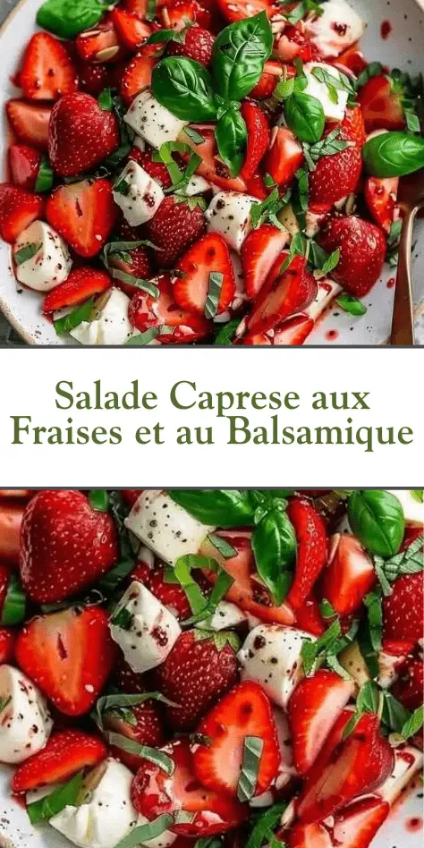 Salade caprese aux fraises, mozzarella et basilic arrosée de vinaigre balsamique