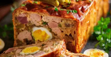 pâté de Pâques berrichon traditionnel tranché montrant les œufs entiers à l’intérieur