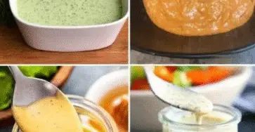 quatre bols de vinaigrettes healthy colorées maison pour salade
