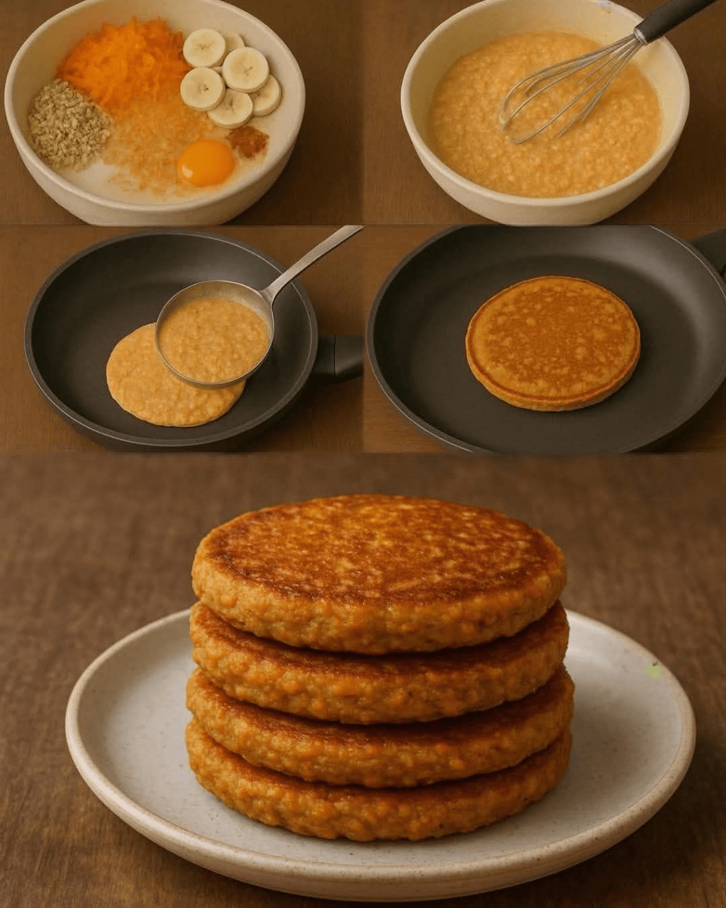 Hotcakes de zanahoria con avena servidos con miel y fruta fresca