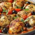 poulet méditerranéen aux tomates et olives rôti au four dans un plat rustique