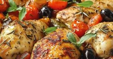 poulet méditerranéen aux tomates et olives rôti au four dans un plat rustique