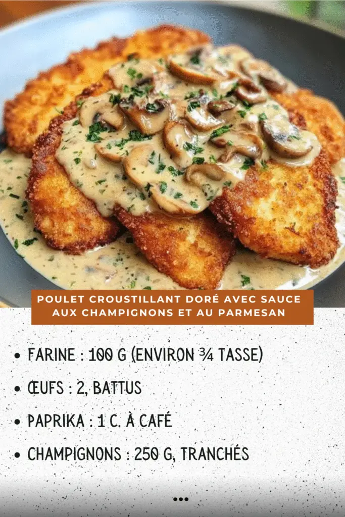 Poulet croustillant nappé de sauce crémeuse aux champignons et parmesan, garni de persil