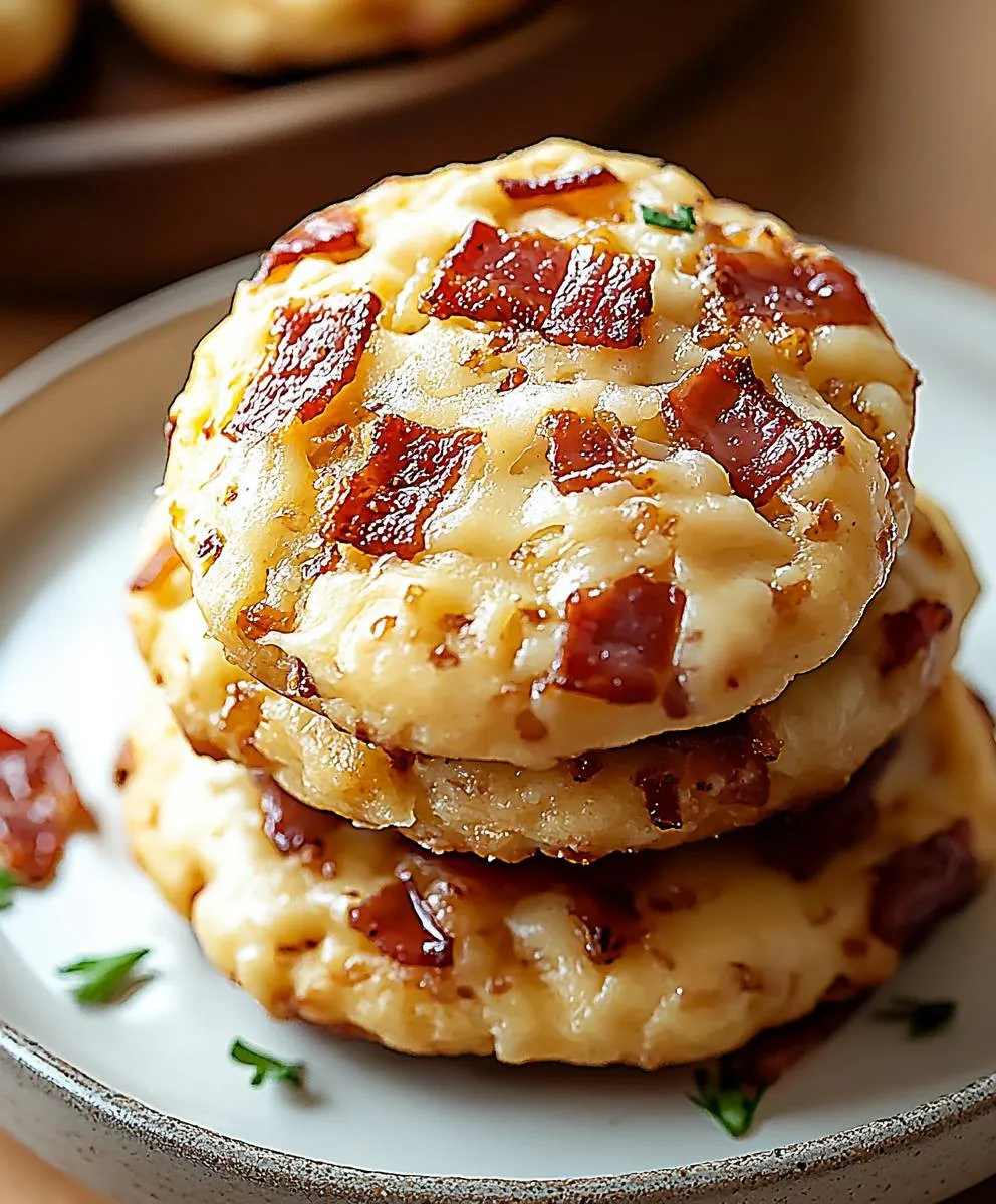 cookies salés au reblochon et lardons dorés sur une planche rustique