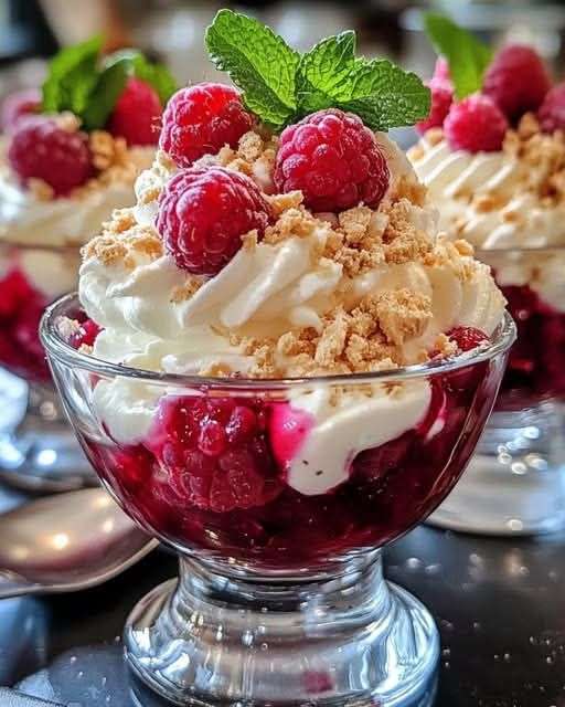 Verrines framboise mascarpone meringue en présentation de dessert élégant