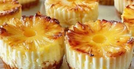 Mini cheesecakes de piña y leche de coco condensada decorados con crema y coco tostado