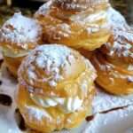 Profiteroles dorados rellenos de crema pastelera y chocolate derretido