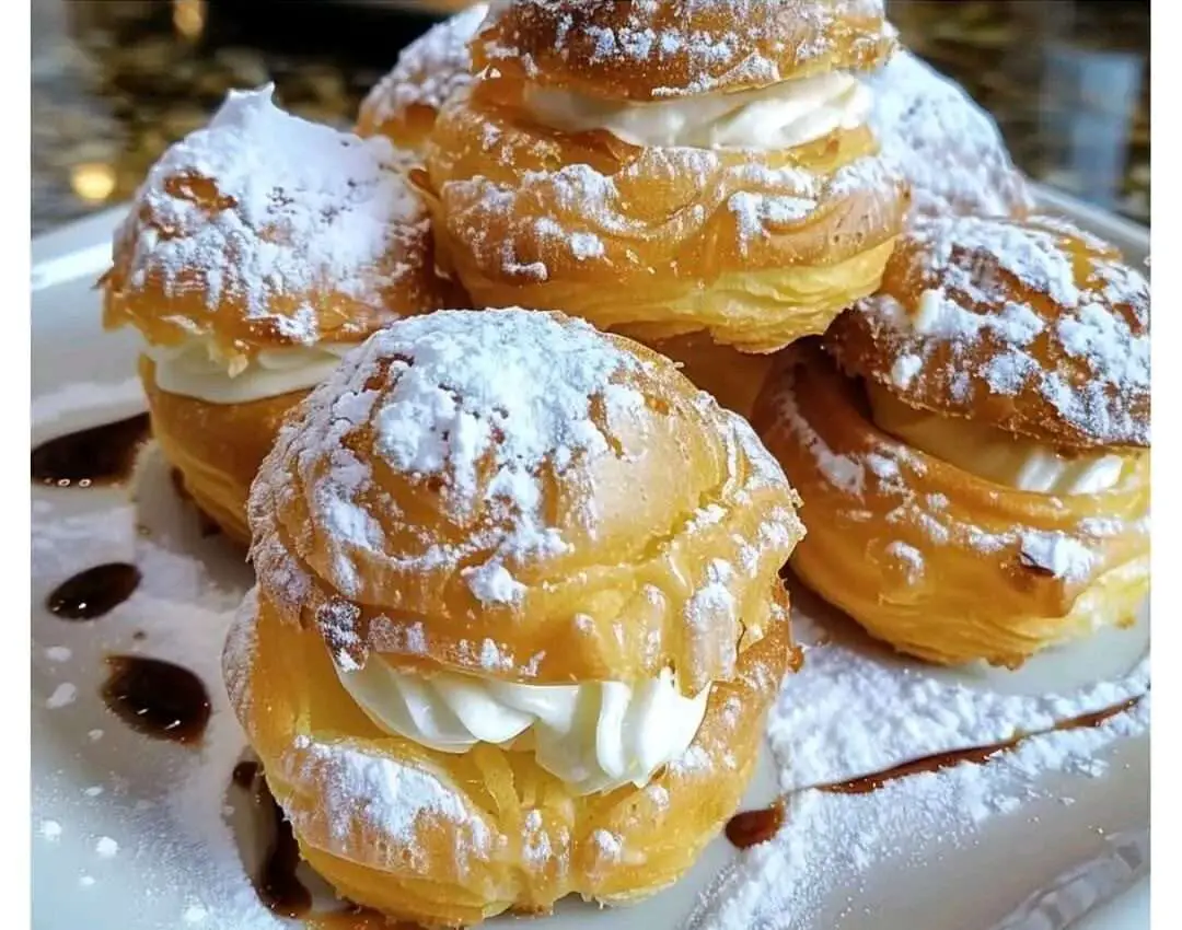Profiteroles dorados rellenos de crema pastelera y chocolate derretido