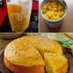 Pan de elote dorado y cremoso recién horneado en licuadora
