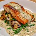 Filet de saumon nappé de sauce crémeuse aux champignons et épinards, servi chaud dans une poêle