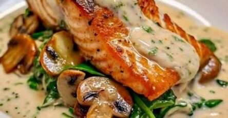 Filet de saumon nappé de sauce crémeuse aux champignons et épinards, servi chaud dans une poêle