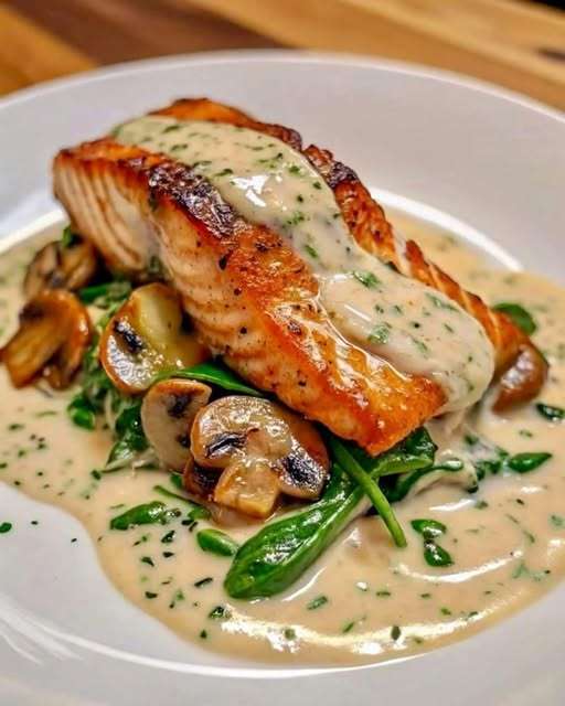 Filet de saumon nappé de sauce crémeuse aux champignons et épinards, servi chaud dans une poêle