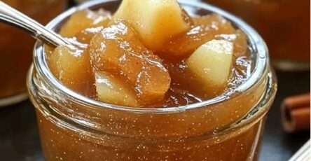 Frasco de mermelada de manzana y canela sin azúcar, con cucharita y rodajas de manzana al lado