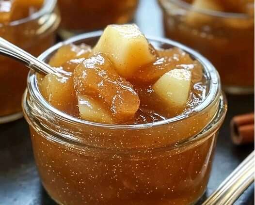 Frasco de mermelada de manzana y canela sin azúcar, con cucharita y rodajas de manzana al lado