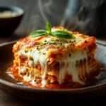Lasagnes aux trois fromages fondants dans un plat gratiné doré au four