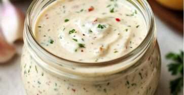 Aderezo cremoso de ajo servido en un frasco con cucharita
