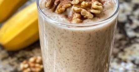 Batido cremoso para aumentar masa muscular servido en vaso con avena y nueces