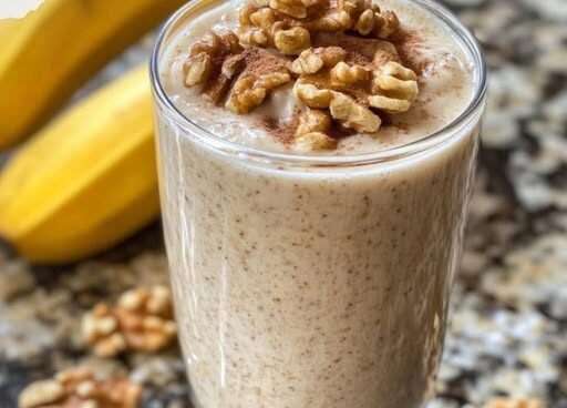 Batido cremoso para aumentar masa muscular servido en vaso con avena y nueces