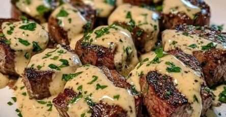 Trocitos de carne bañados en salsa cremosa de parmesano y ajo, decorados con perejil