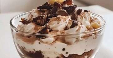 Tiramisú saludable de avena servido en vasos individuales con cacao espolvoreado