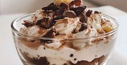 Tiramisú saludable de avena servido en vasos individuales con cacao espolvoreado