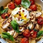 plat de spaghetti au poulet avec burrata fondante et sauce citron-ail