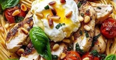 plat de spaghetti au poulet avec burrata fondante et sauce citron-ail