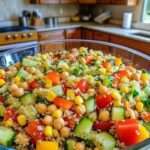 Bol coloré de salade de quinoa végétalienne aux légumes frais et pois chiches
