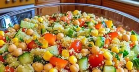 Bol coloré de salade de quinoa végétalienne aux légumes frais et pois chiches