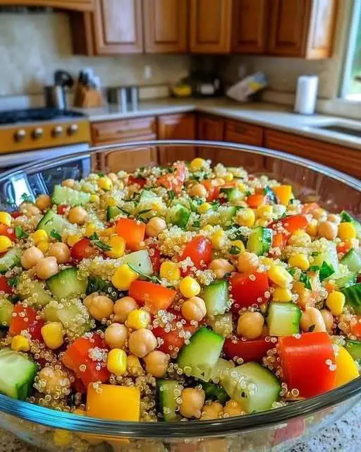 Bol coloré de salade de quinoa végétalienne aux légumes frais et pois chiches