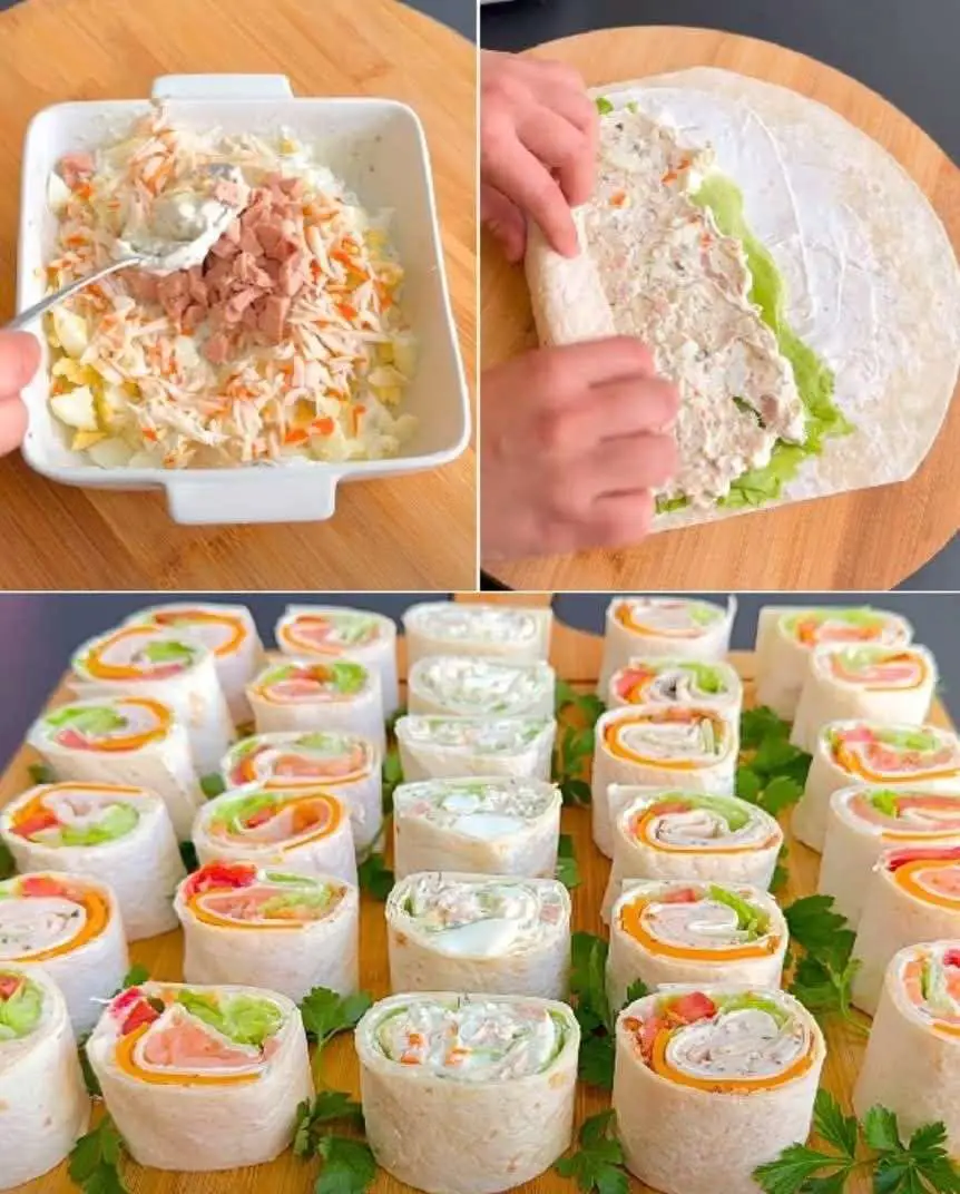 rouleaux de piadina farcis garnis de dinde, saumon et fromage
