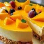 Pay frío de mango decorado con cubos de fruta fresca y crema batida